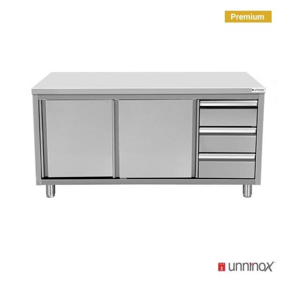 Arbeitsschrank 2000x600x850 mm mit Aufkantung, 3 Schubladen rechts