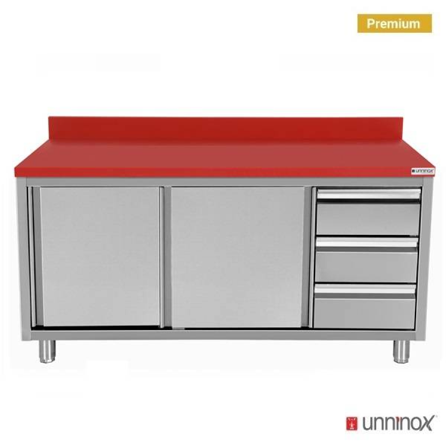 Polyethylen-Arbeitsschrank 1600x700x850mm mit Schiebetüren, 3 Schubladen rechts