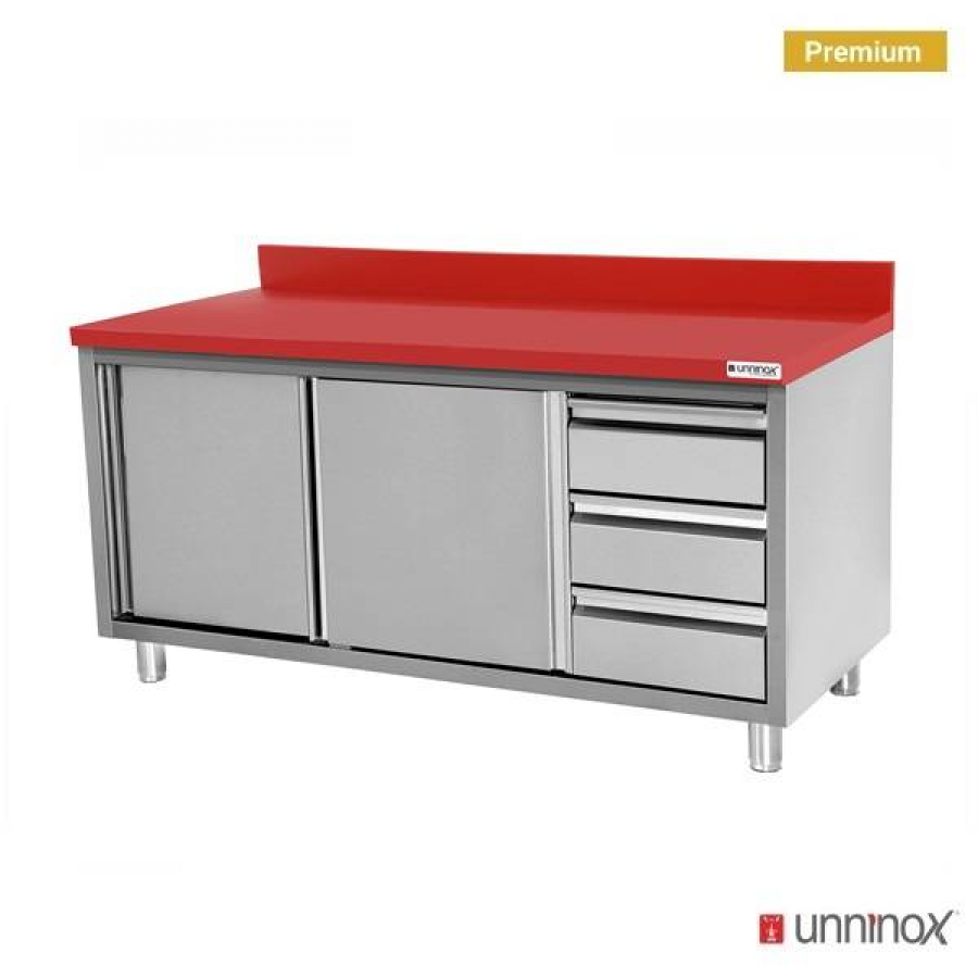 Polyethylen-Arbeitsschrank 1600x700x850mm mit Schiebetüren, 3 Schubladen rechts