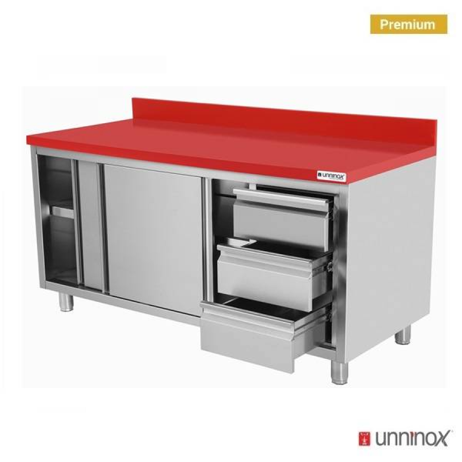 Polyethylen-Arbeitsschrank 1600x700x850mm mit Schiebetüren, 3 Schubladen rechts