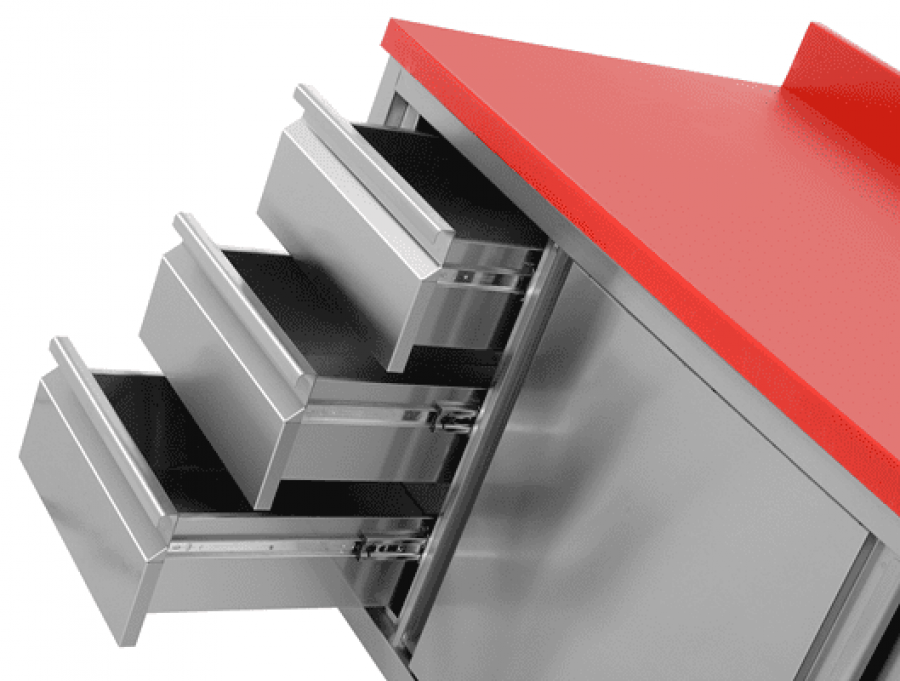 Polyethylen-Arbeitsschrank 1600x700x850mm mit Schiebetüren, 3 Schubladen rechts