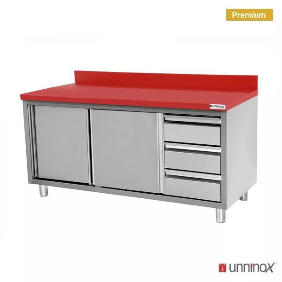 Arbeitsschrank Polyethylen mit Schiebetüren, 3 Schubladen rechts, 1200x700x850mm