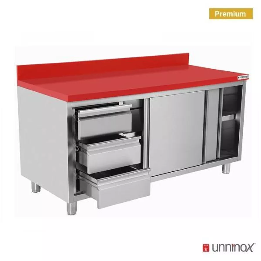 Polyethylen-Arbeitsschrank 2000x700x850mm mit Schiebetüren und 3 Schubladen links