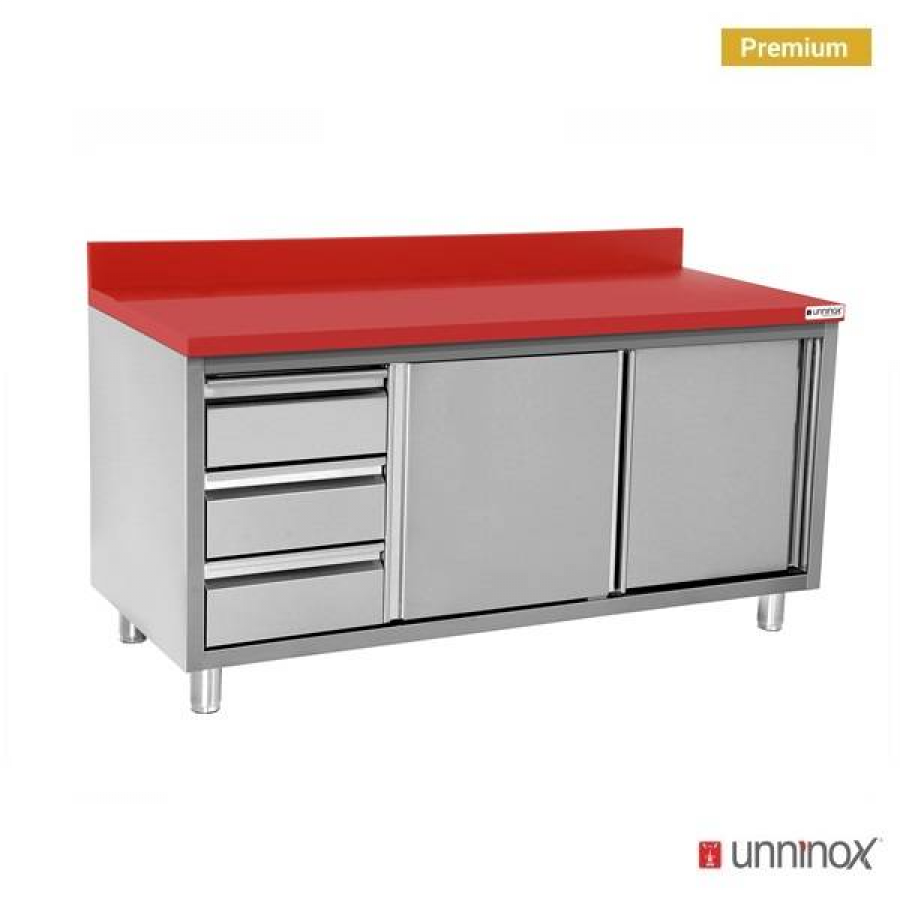 Polyethylen-Arbeitsschrank 1200x700mm Schiebetüren 3 Schubladen links