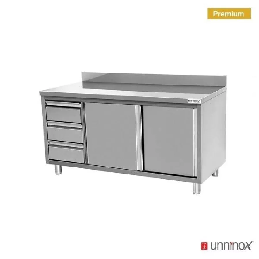Arbeitsküchenschrank 2000x600x850mm mit Spritzschutz, 3 Schubladen links