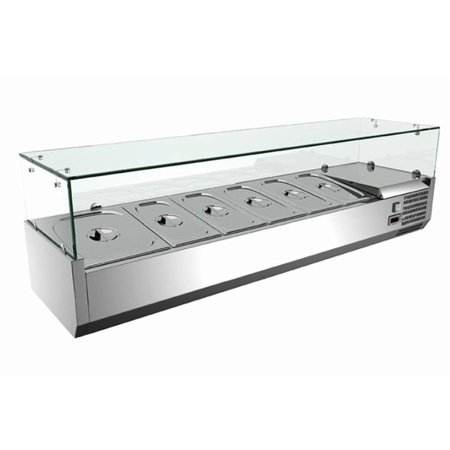 Kühlaufsatzvitrine mit Glasaufsatz | 6 x 1/4 GN | B1400 x T 335 x H435 mm Kühlaufsatzvitrine mit Glasaufsatz | 6 x 1/4 GN | B1400 x T 335 x H435 mm