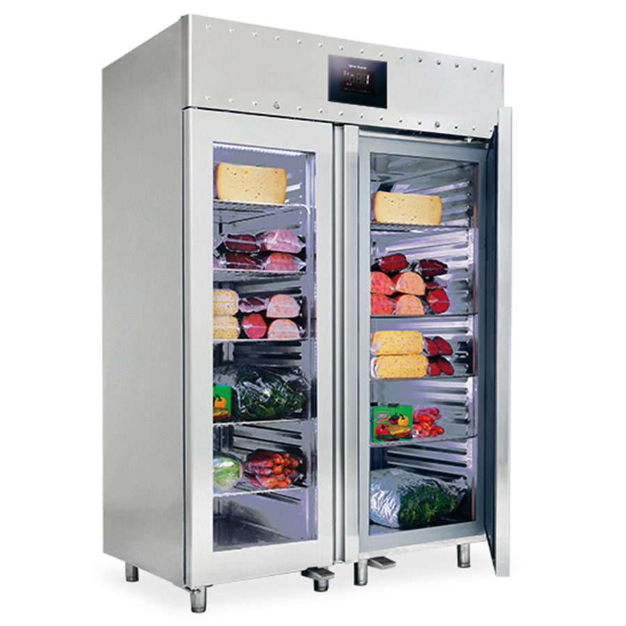Kühlschrank 1400 Liter aus Edelstahl GN 2/1 mit Glastüren - 2,8°C - 85 mm Isolierung - WiFi
