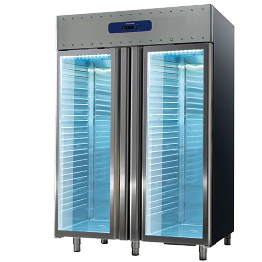 Kühlschrank 1400 Liter aus Edelstahl mit Glastüren | GN 2/1 | -2°/+8°C | 85 mm Isolierung