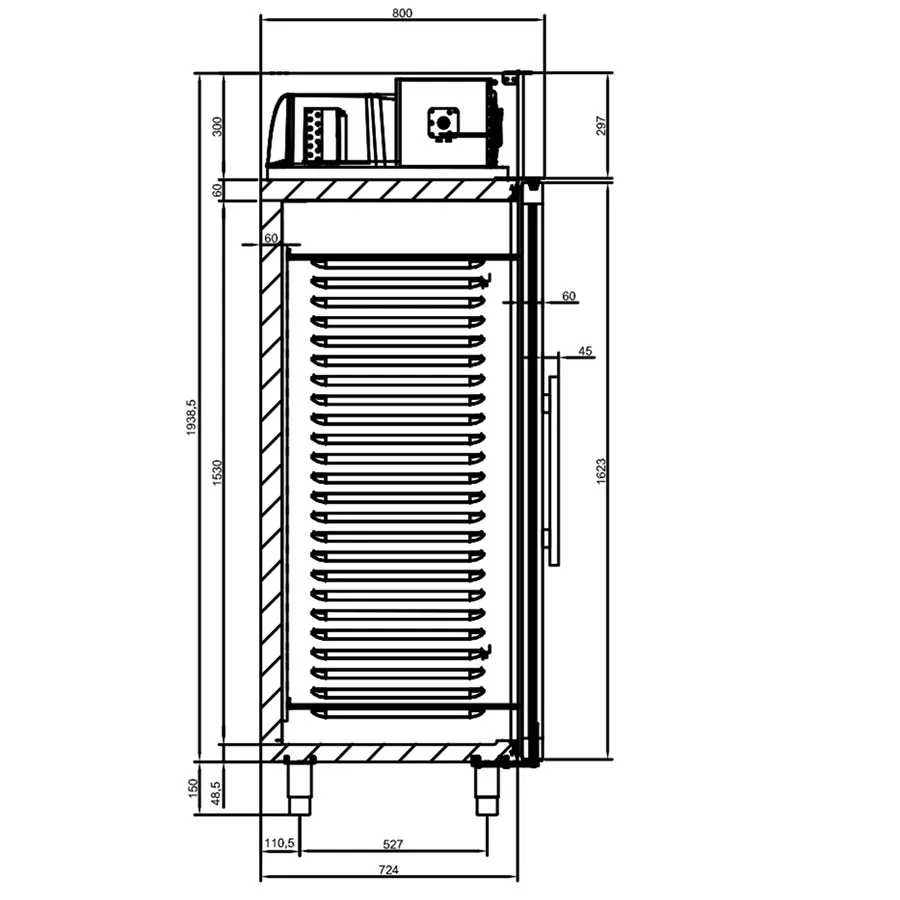 Mastro Edelstahl Kühlschrank 700 Liter mit 1 Glastür | GN 2/1 | -2°/+8°C | 75 mm Isolierung