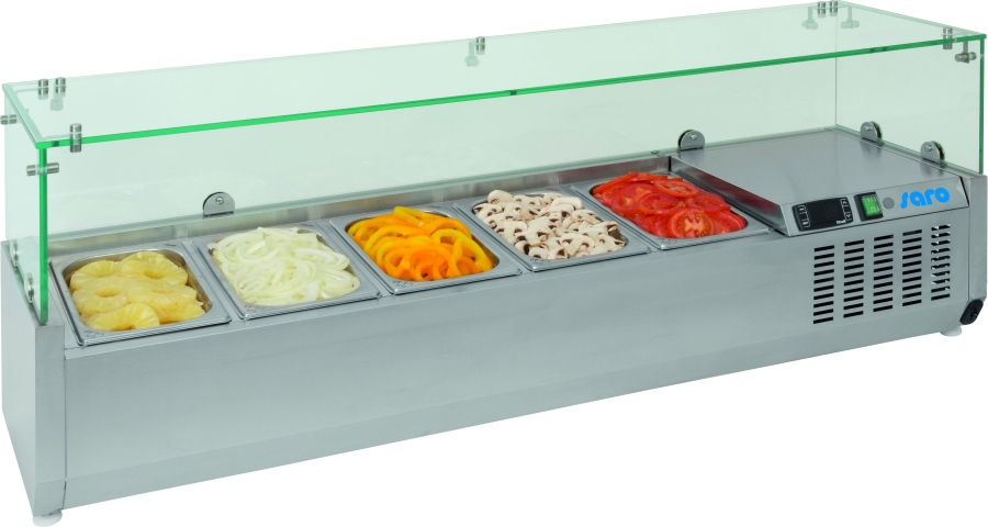 Koelvitrine met opbouw van 160 cm breed met glazen opbouw | Glasdikte 6 mm | 7x 1/3 GN