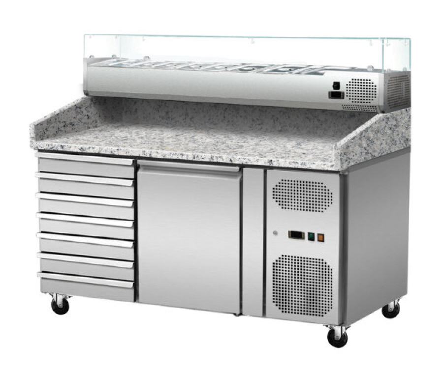 Pizza Kühlthek Granit Rosa Grau 1 Tür 7 Schubladen 151 x 80 Kühlaufsatz GN1/3 mit Glas
