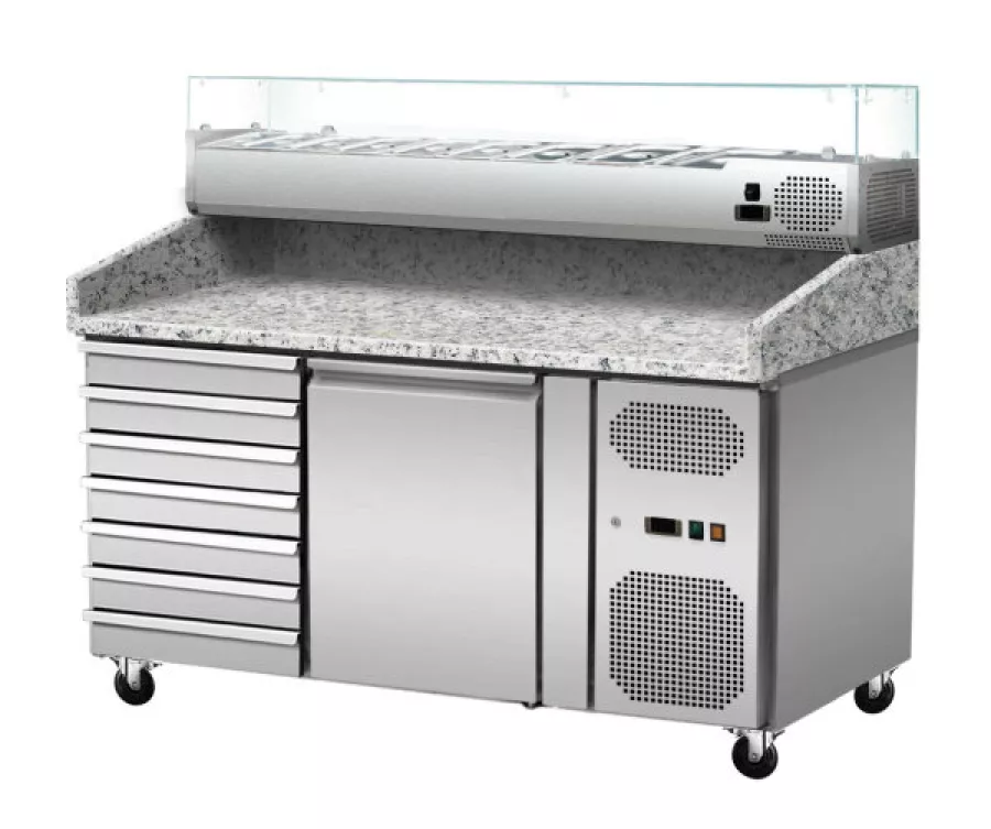 Pizza Kühlthek Granit Rosa Grau 1 Tür 7 Schubladen GN1/4 - Kühlaufsatz mit Glas - 151 x 80 - ungekühlt - Gastrohot Pizza Kühlthek Granit Rosa Grau 1 Tür 7 Schubladen GN1/4 - Kühlaufsatz mit Glas - 151 x 80 - ungekühlt - Gastrohot