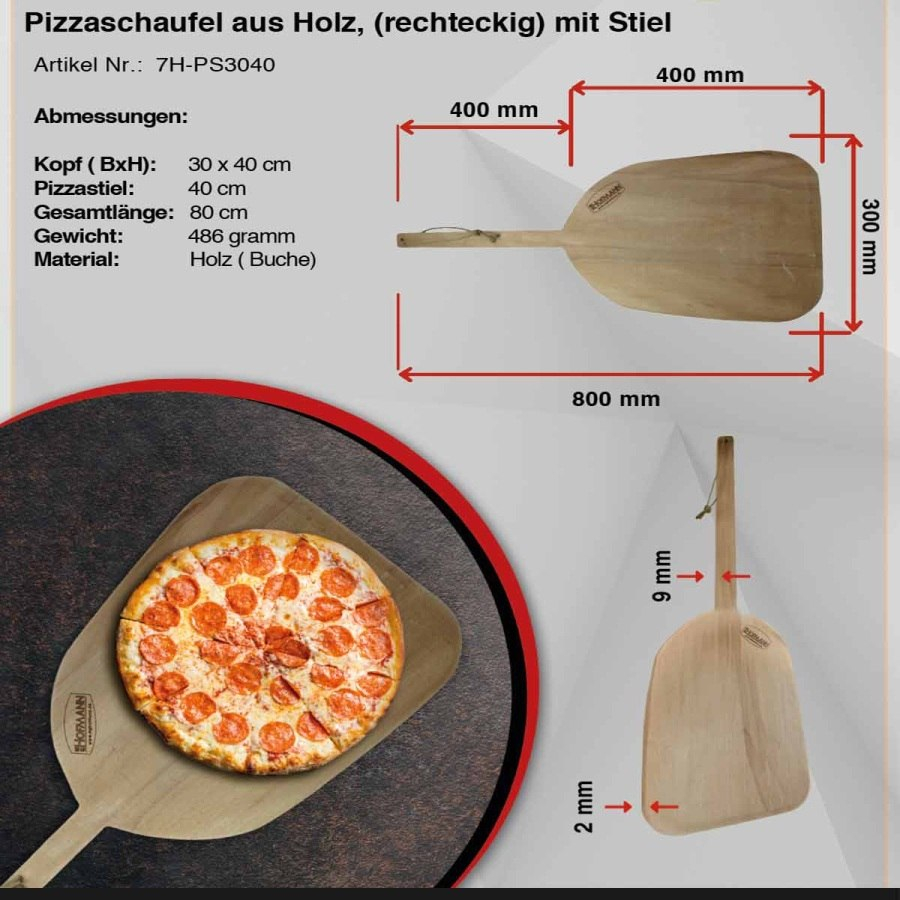 Pizzaschaufel Holz | Rechteckig mit Stiel | 30x40 (BxT in cm)