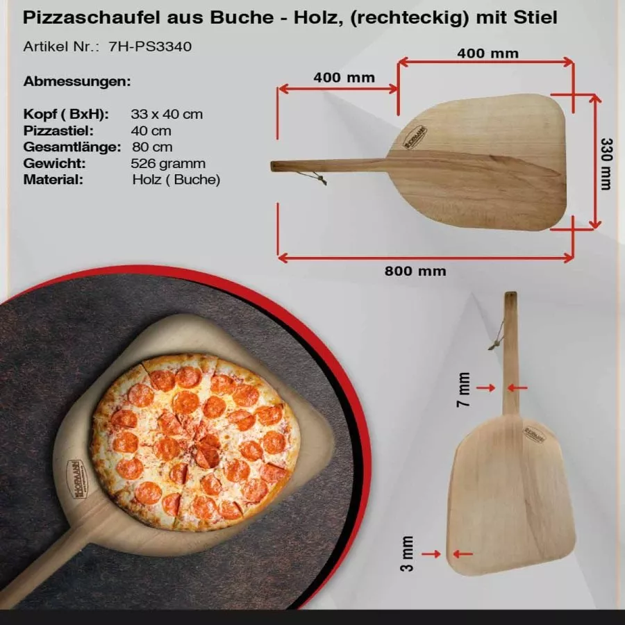 Pizzaschieber Holz | Rechteckig mit Stiel | 33 x 40 (B x T in cm)