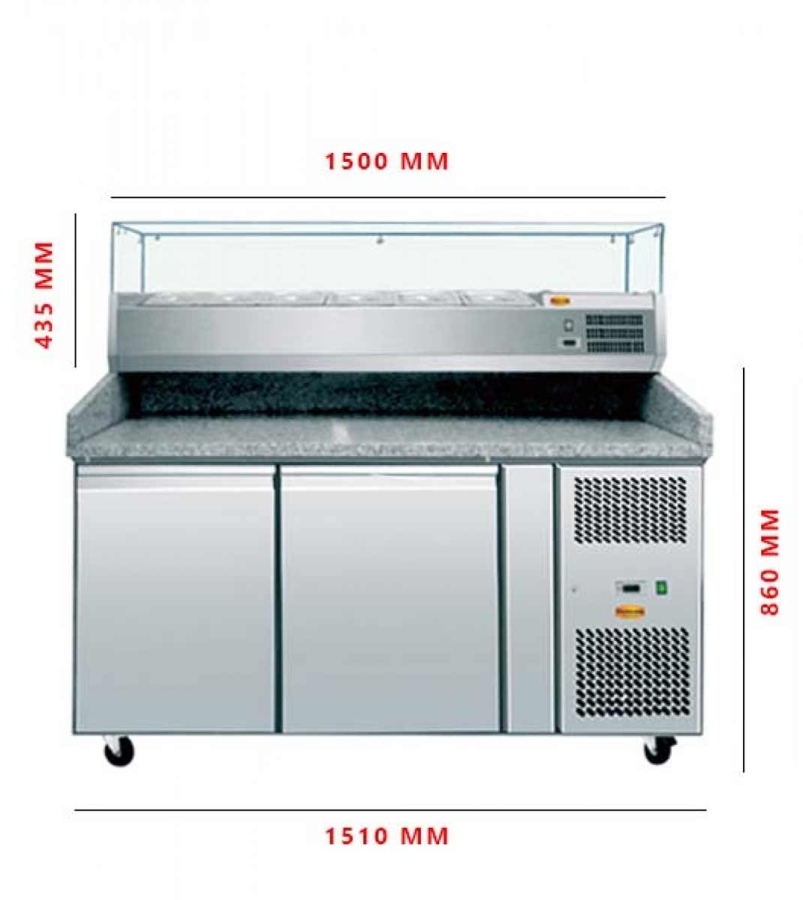 Pizzatisch mit Kühlaufsatz | Breite 1.5 Meter | 2 Türen und 307 Liter