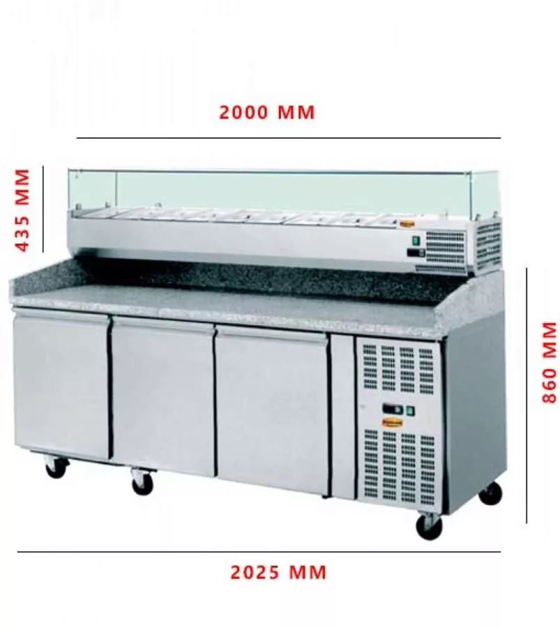 Pizzatisch mit Kühlaufsatz 3 Türen | 9 x GN 1/3 | B2025x800x860 Masse Pizzatisch mit Kühlaufsatz 3 Türen | 9 x GN 1/3 | B2025x800x860 Masse