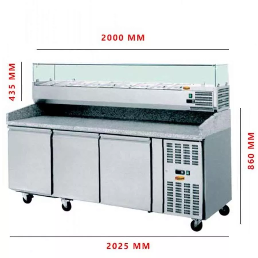 MG Hofmann Pizzakühltisch mit Kühlaufsatz 3 Türen | Statische Kühlung | 580 Liter | Passend für GN 1/3 | Breite 2000 mm MG Hofmann Pizzakühltisch mit Kühlaufsatz 3 Türen | Statische Kühlung | 580 Liter | Passend für GN 1/3 | Breite 2000 mm