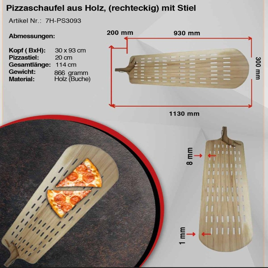 Rechteckige Pizzaschaufel Holz | Durchlöchert mit Stiel | 30x93 (BxT in cm)