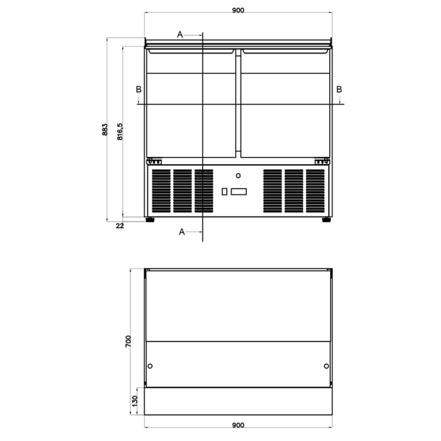 Saladette mit 2 Türen | GN 1/1 und Deckel 6x GN 1/3 + 2x GN 1/4 | B900 x T700 x H883 mm