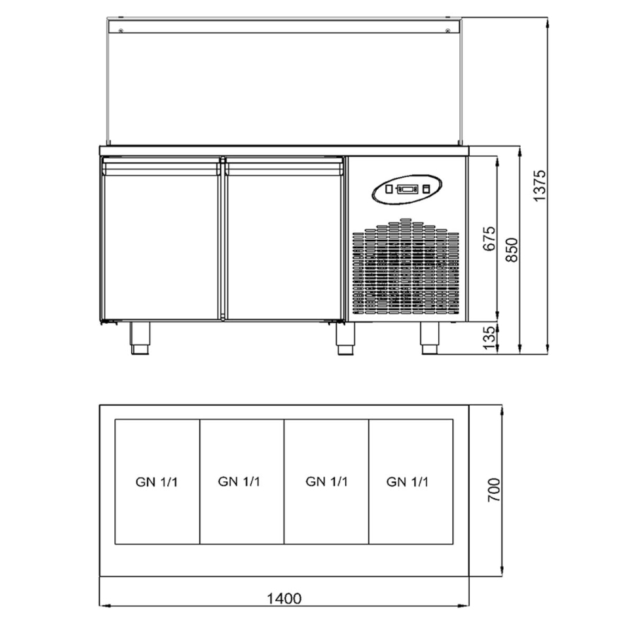 Saladette mit 2 Türen | GN 1/1 und Glasstruktur 4x GN 1/1 | B1400 x T700 x H1375 mm