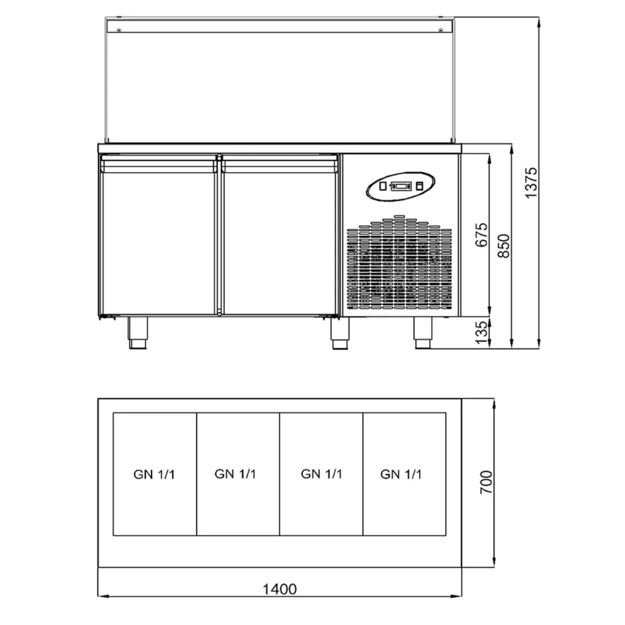 Saladette mit 2 Türen | GN 1/1 und Glasstruktur 4x GN 1/1 | B1400 x T700 x H1375 mm