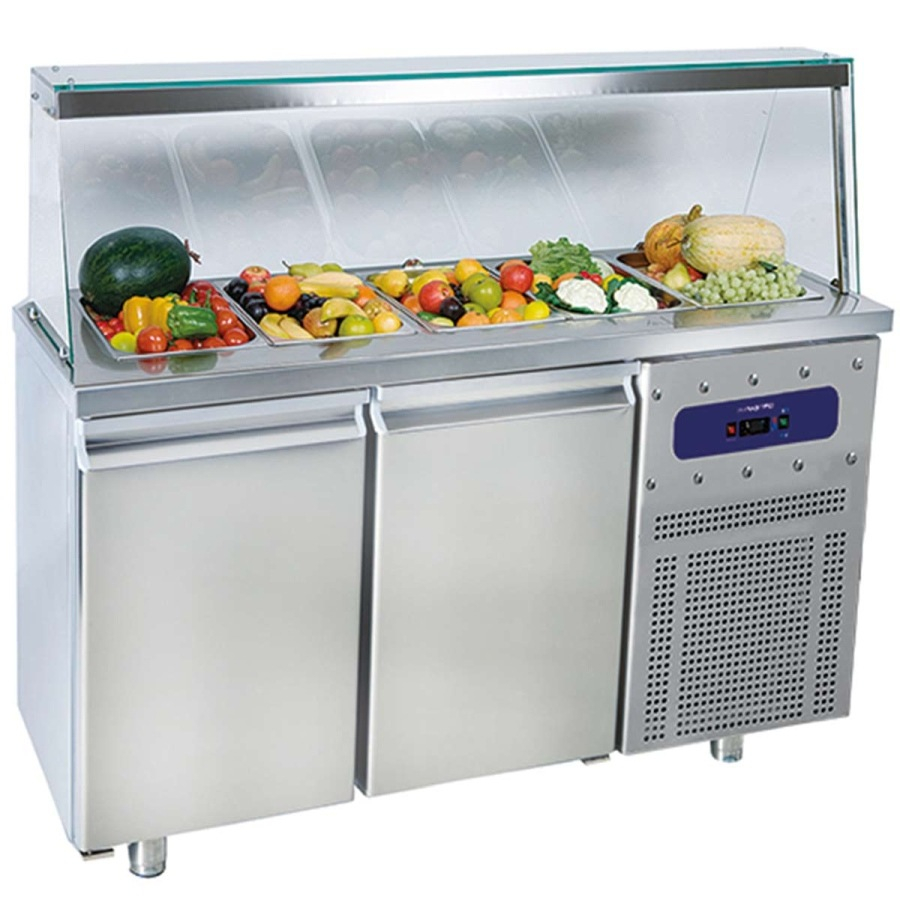 Saladette mit 2 Türen | GN 1/1 und Glasstruktur 4x GN 1/1 | B1400 x T700 x H1375 mm Saladette mit 2 Türen | GN 1/1 und Glasstruktur 4x GN 1/1 | B1400 x T700 x H1375 mm