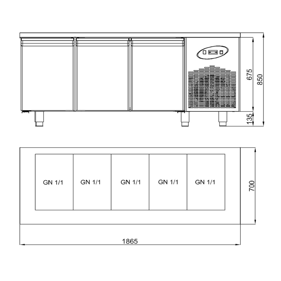 Saladette mit 3 Türen | GN 1/1 5x GN 1/1 | B1865 x T700 x H850 mm
