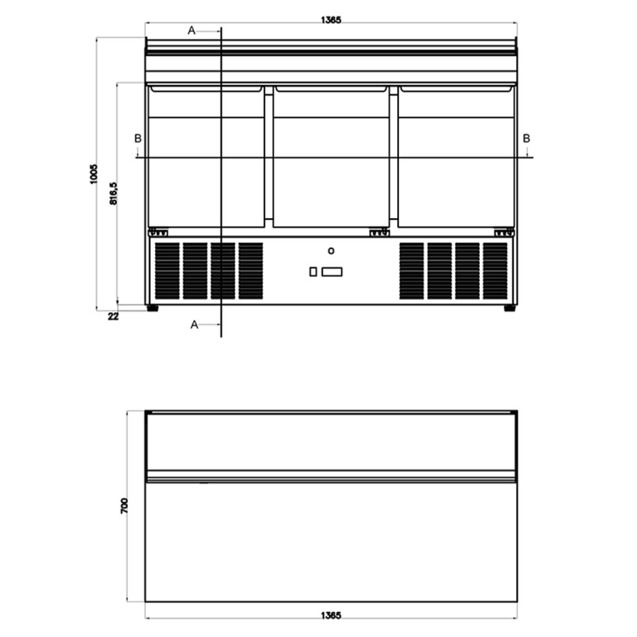 Saladette mit 3 Türen | GN 1/1 8x GN 1/6 | B1365 x T700 x H1005 mm Saladette mit 3 Türen | GN 1/1 8x GN 1/6 | B1365 x T700 x H1005 mm