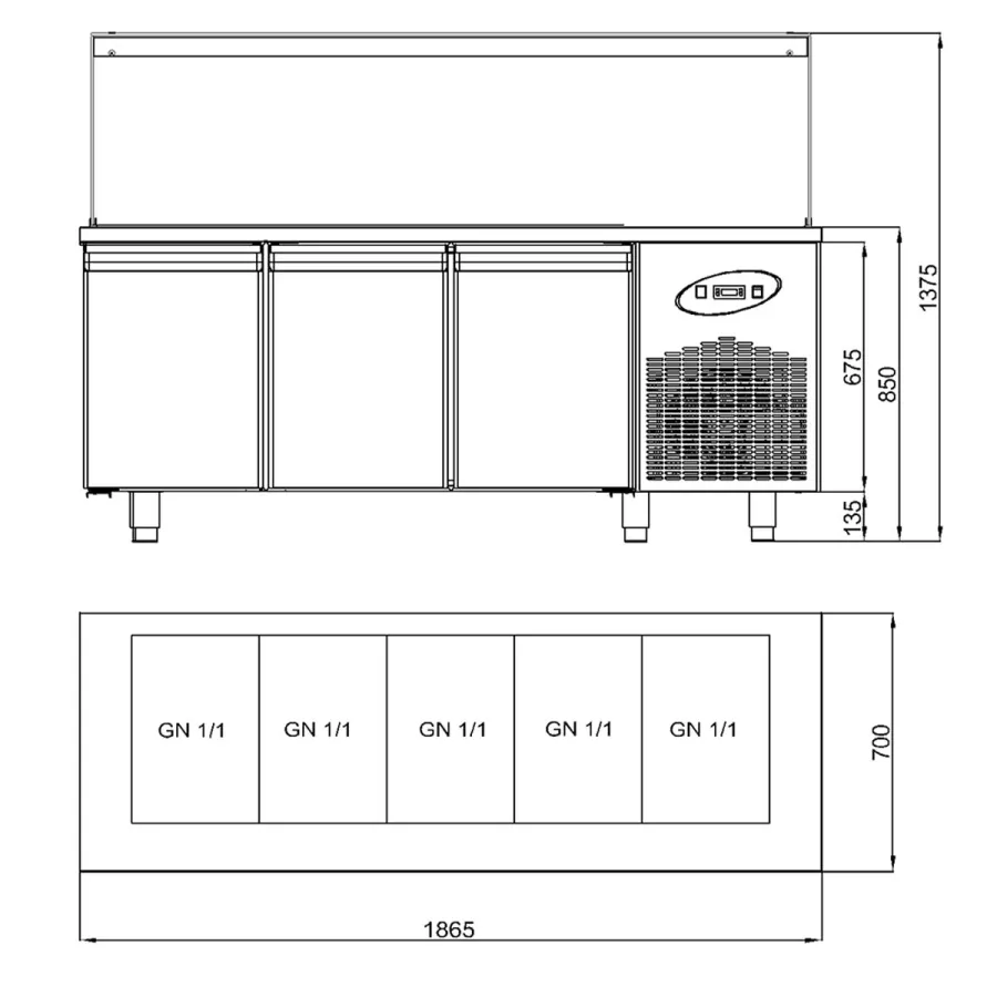 Saladette mit 3 Türen | GN 1/1 und Glasstruktur 5x GN 1/1 | B1865 x T700 x H1375 mm