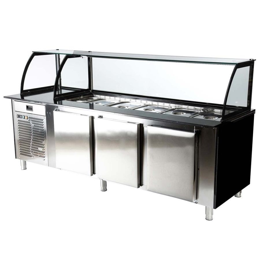 Salattheke (Dönertheke) mit Kassentisch | 5 x 1/1GN + 1 x 2/4GN | B2500 x T850 x H1300 mm | Weiß-Schwarz (Versandkosten ermitteln wir vor Kaufabschluss anhand Ihrer PLZ und des gewählten Logistikunternehmens)