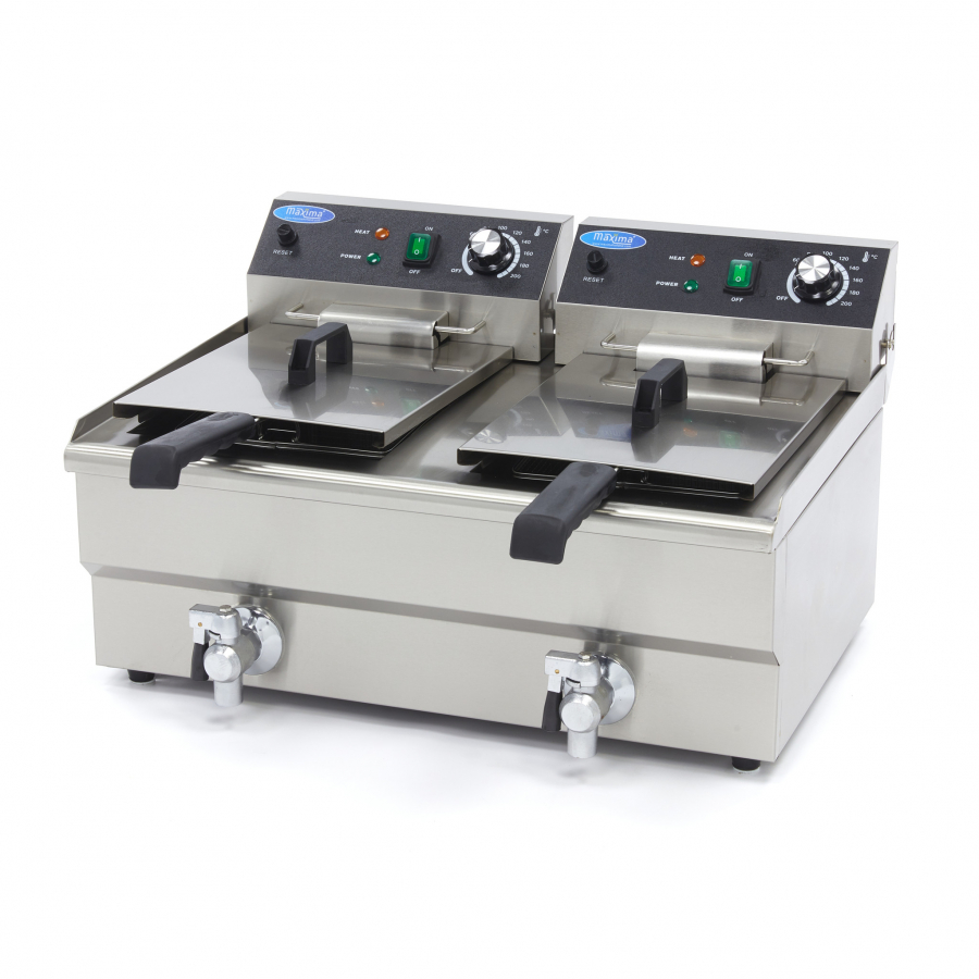 Fritteuse 2 x 13L mit Ablasshahn und 2 Körben - Gastrohot