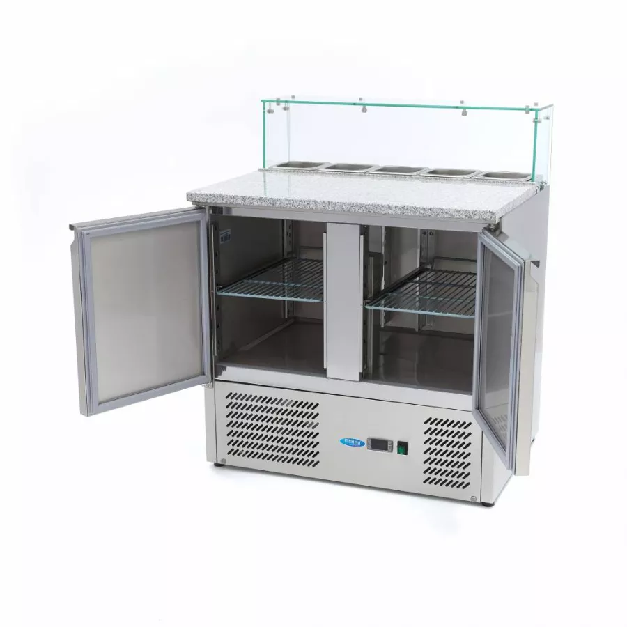 Pizzakühltisch - 90 cm - 2 Türen - Passt 5 x 1/6 GN - inkl. Glasabdeckung