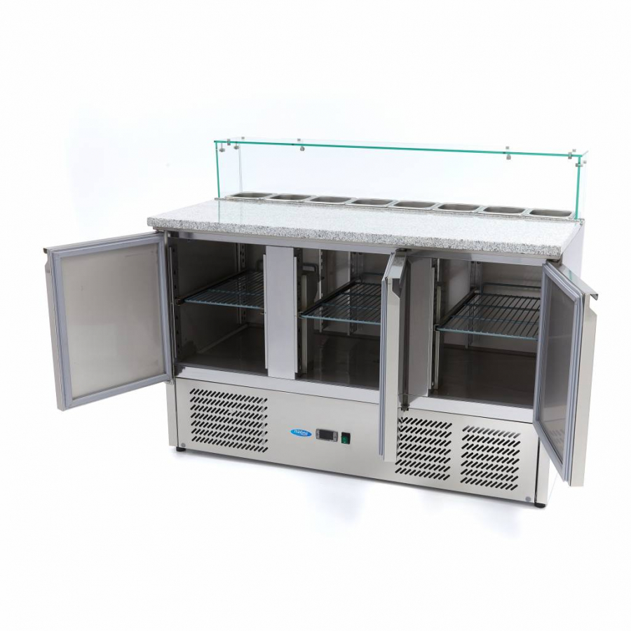Pizzakühltisch - 137 cm - 3 Türen - Passt 8 x 1/6 GN - inkl. Glasabdeckung