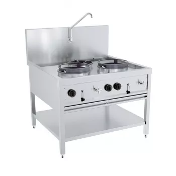 Gas-Woktisch 2×17 kW + 1×9 kW, Edelstahl, freistehend