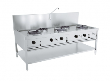 Gas-Woktisch 3×17 kW + 2×9 kW, Edelstahl AISI 304