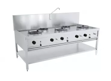 Gas-Woktisch 3×17 kW + 2×9 kW, Edelstahl AISI 304
