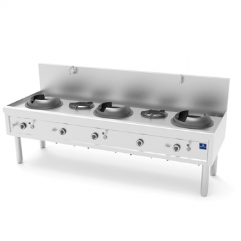 Gas Wokkochfeld mit 3 Brenner 27,5 kW, 2 Suppenbrenner 9,2 kW, 2 Wasserhähne - Hochleistungs-Wokkochfeld für professionelle Küchen