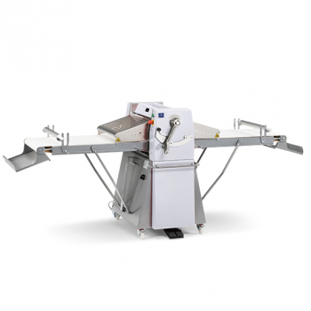 Teigausrollmaschine mit Geschwindigkeitsregler auf Unterbau mit Rädern - Bandmaß 600x1400 mm