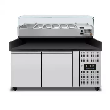 Pizza Theke 2 Türen 151x80x100cm Schwarz Granit 390L Edelstahl