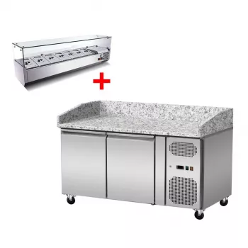Pizzakühltisch Granit mit GN1/3-Glasaufsatz – 2 Türen, 151×80×86 cm