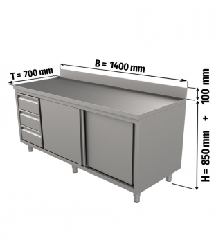 Edelstahl Arbeitsschrank mit Aufkantung & Schubladen links - 1400x700x850