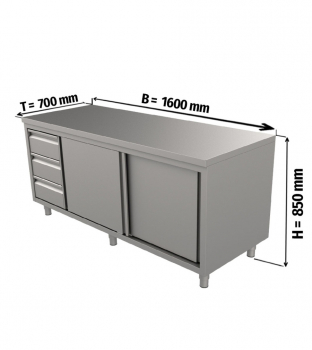 Edelstahl-Arbeitsschrank mit Schubladen links 1600x700x850