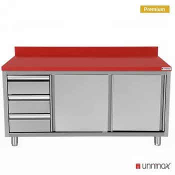 Polyethylen-Arbeitsschrank 2000x700x850mm mit Schiebetüren und 3 Schubladen links