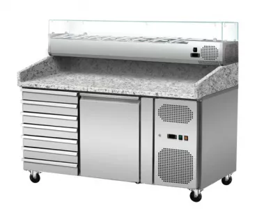 Pizza Kühlthek Granit Rosa Grau 1 Tür 7 Schubladen 151 x 80 Kühlaufsatz GN1/3 mit Glas
