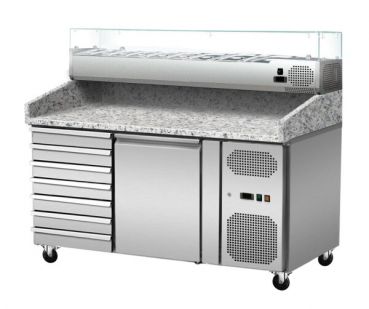 Pizza Kühlthek Granit Rosa Grau 1 Tür 7 Schubladen GN1/4 - Kühlaufsatz mit Glas - 151 x 80 - ungekühlt - Gastrohot