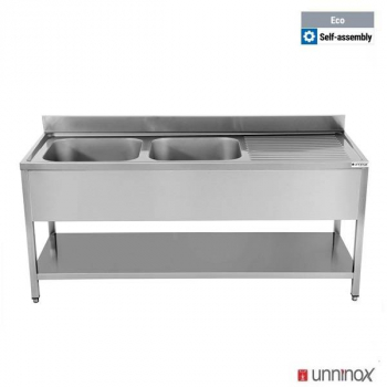 Spültisch 2 Becken 2000x700x850mm links große Arbeitsfläche Gastronomie
